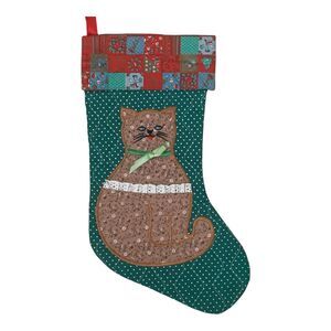 Quilted Cat Christmas Stocking Green Calico Lace Country Cottage Farmhouse